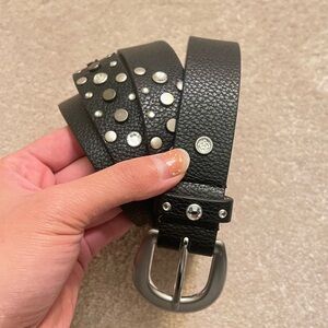Black Studded Leather Belt with Silver Buckle